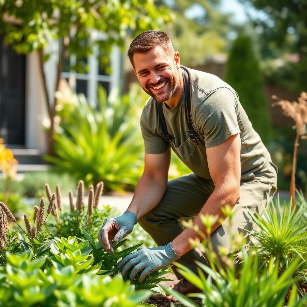 Smiling landscaper tending a garden